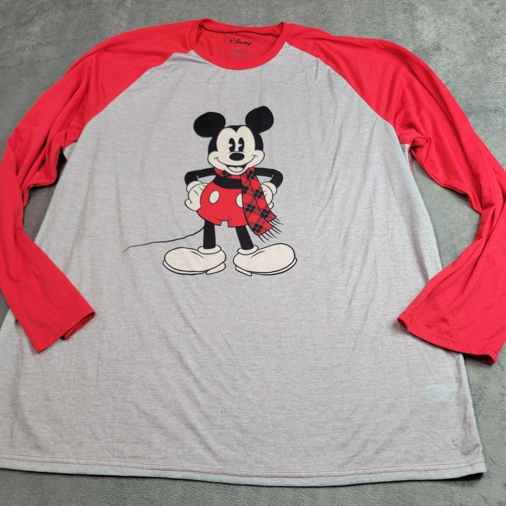 Disney Mickey Mouse Raglan Graphic Shirt Womens 2XL Red Gray Plaid Scarf Holiday